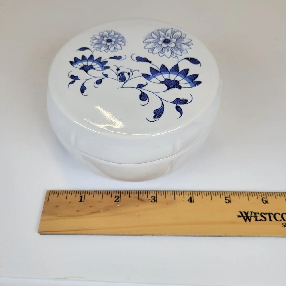 Vtg‎ Federalist White Ceramic Lidded Trinket Dish Ashtray Blue Floral Round 5